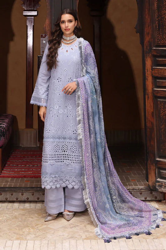 NUREH-3PC LAWN CHIKANKARI EMBROIDERED SHIRT WITH MONARK PRINTED DUPATTA AND EMB TRPUSER-ADR-3709