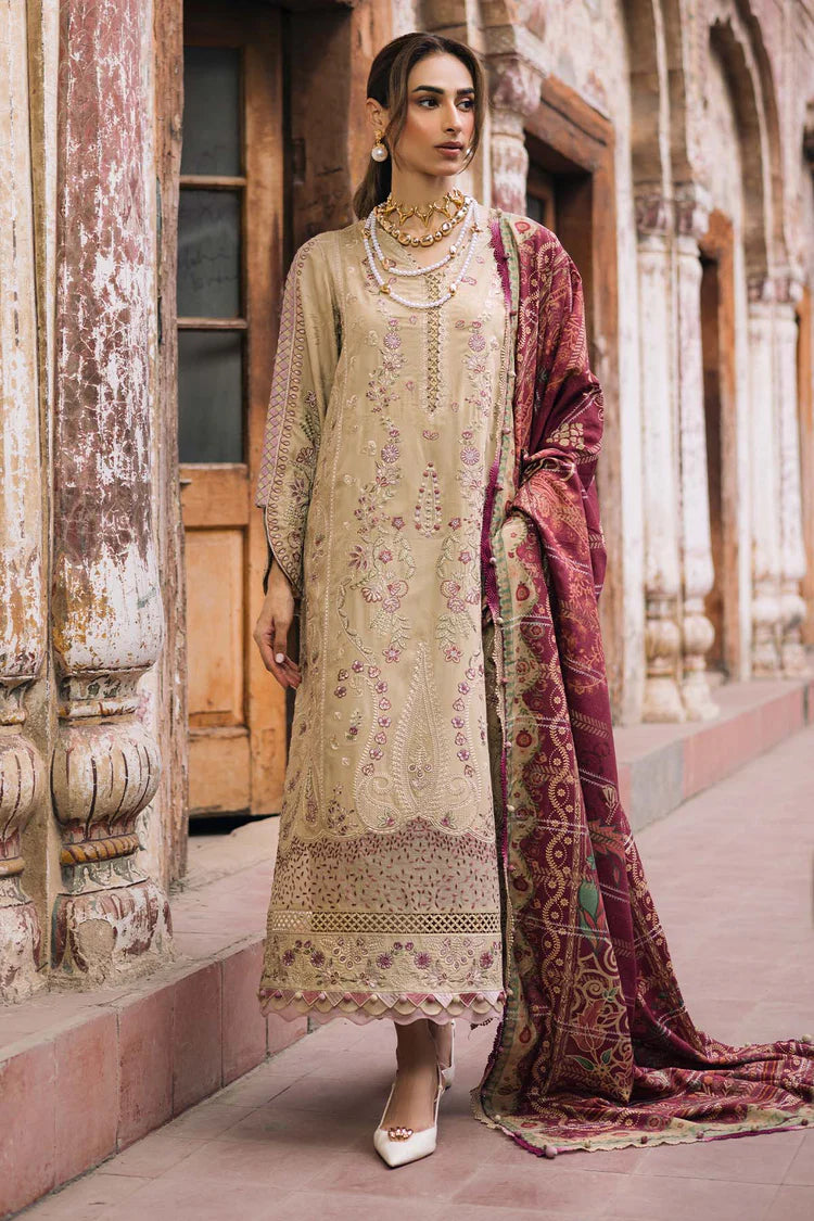 NUREH-3PC DHANAK EMBROIDERED SHIRT WITH COURTRAI PRINTED SHAWL & TROUSER-ADR-4341