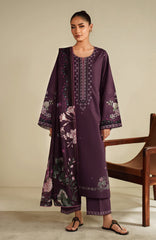 SERAN-3PC DHANAK EMBROIDERED SHIRT WITH COURTRAI PRINTED SHAWL & TROUSER-ADR-4317