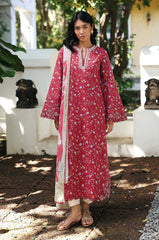 QALAMQAR-3PC LAWN EMBROIDERED PRINTED SHIRT WITH SILK PRINT DUPATTA AND TROUSER-ADR-051