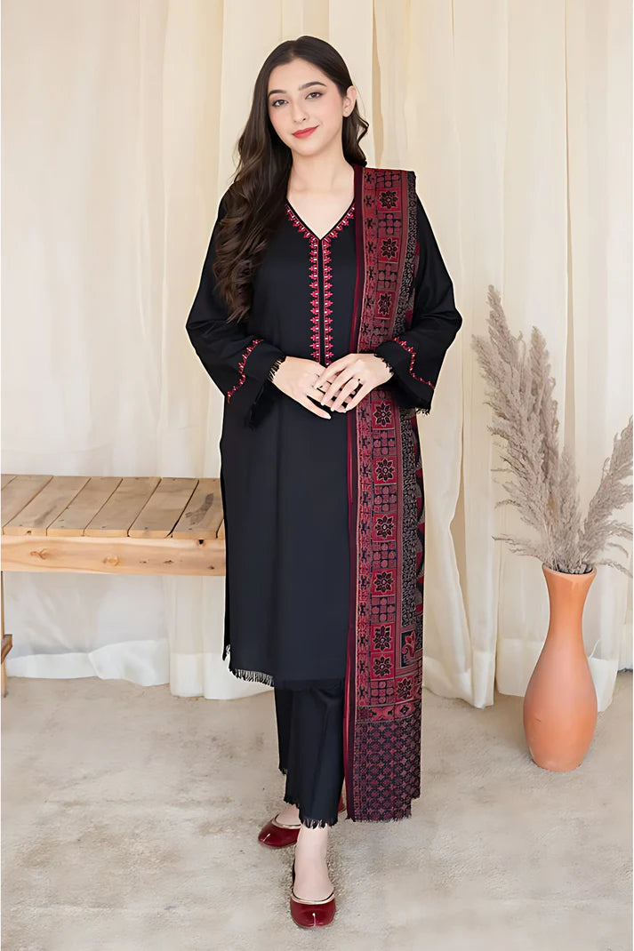 ASLING 3PC DHANAK EMBROIDERED WITH WOOL PRINT SHAWL -ADR-3133