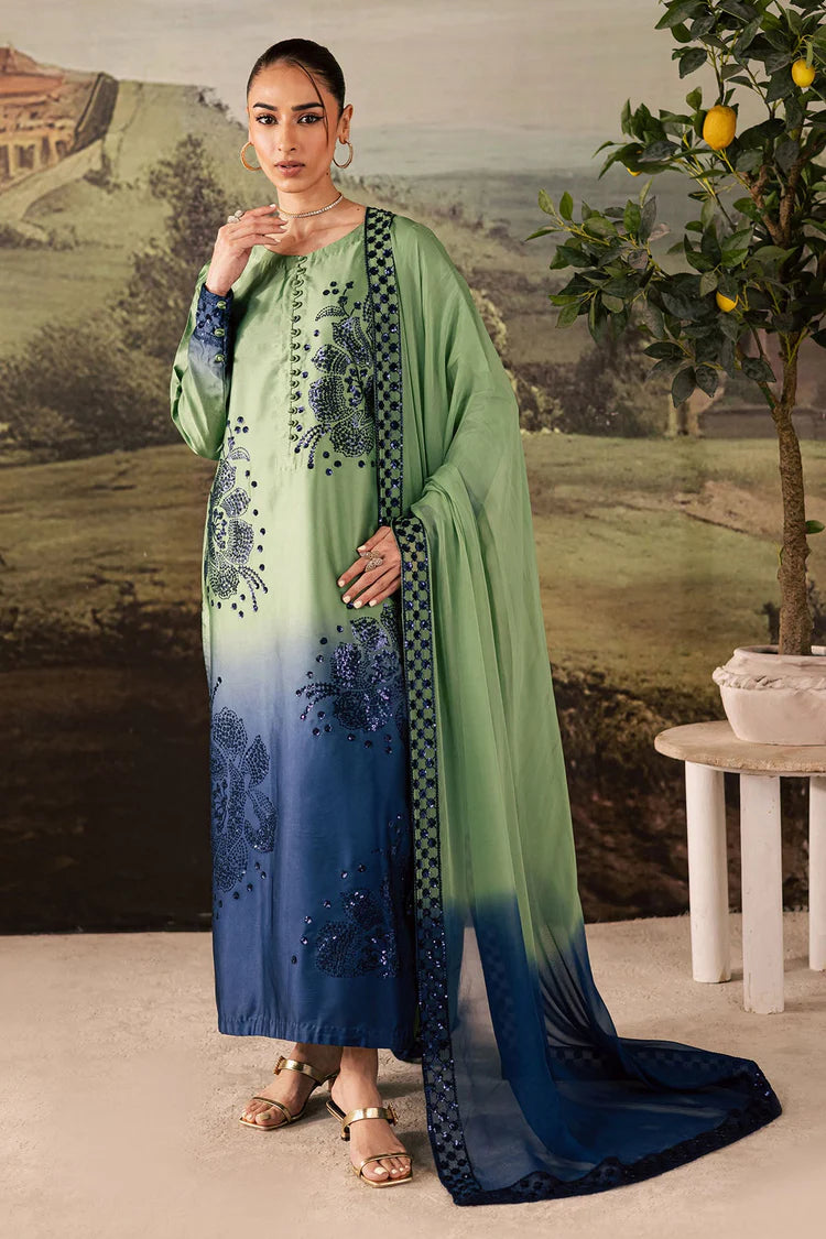 NUREH-3PC SHAMOZE SILK PRINTED EMB SHIRT WITH SOFT SILK PRINTED EMB DUPATTA AND TROUSER-ADR-1736