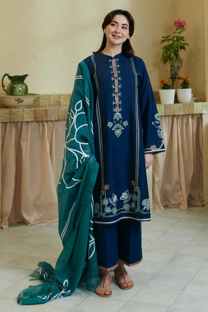 ZARA SHAH JAHAN - 3PC DHANAK EMBROIDERED SHIRT WITH WOOL PRINTED SHAWL AND TROUSER-ADR-3237