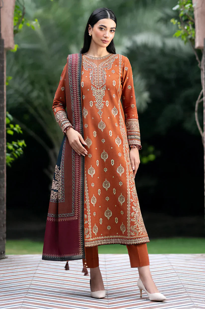 JAZMIN - 3PC DHANAK EMBROIDERED SHIRT WITH COUTURE PRINTED SHAWL AND TROUSER - ADR-3308