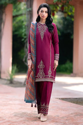 JAZMIN - 3PC DHANAK EMBROIDERED SHIRT WITH WOOL PRINTED SHAWL & TROUSER -ADR-3396