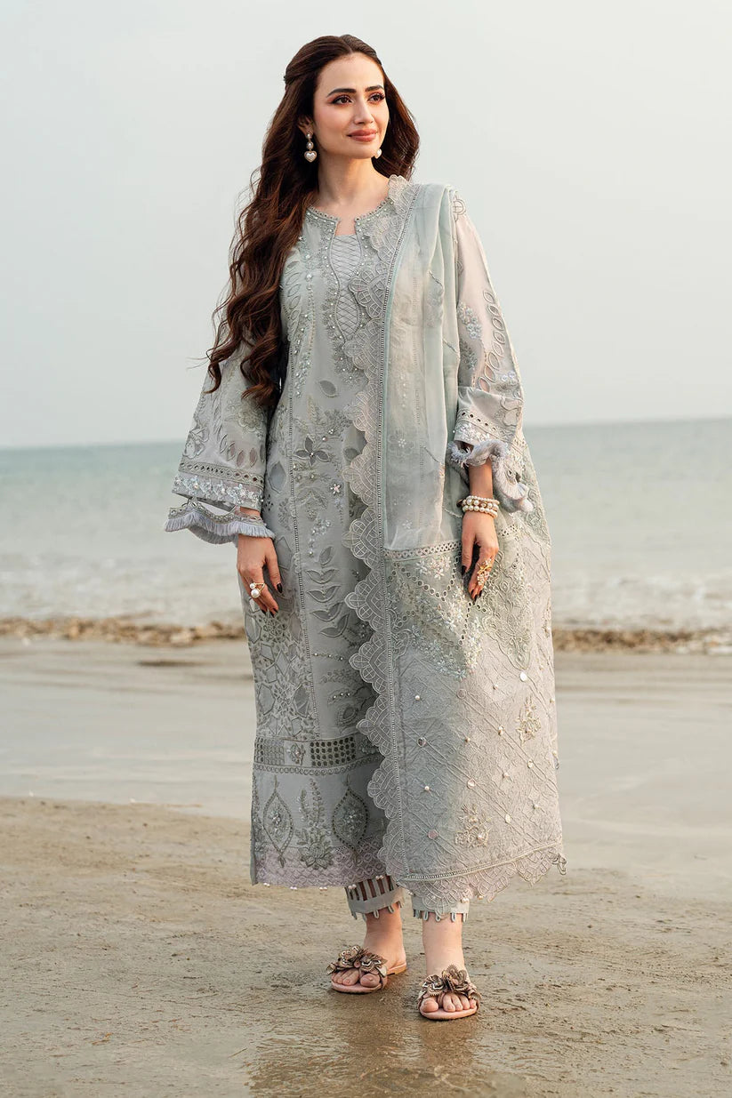 NUREH-3PC DHANAK LASER WORK EMBROIDERED SHIRT WITH CHIFFON EMBROIDERED DUPATTA & TROUSER-ADR-4214
