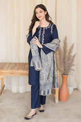 AISLING - 3PC DHANAK EMBROIDERED SHIRT WITH COTURE WOOL PRINTED SHAWL AND TROUSER -ADR-3197