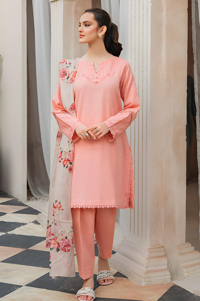 ZIVA-3PC LAWN EMBROIDERED SHIRT WITH MONARK PTRINTED DUPATTA & TROUSER-ADR-3503