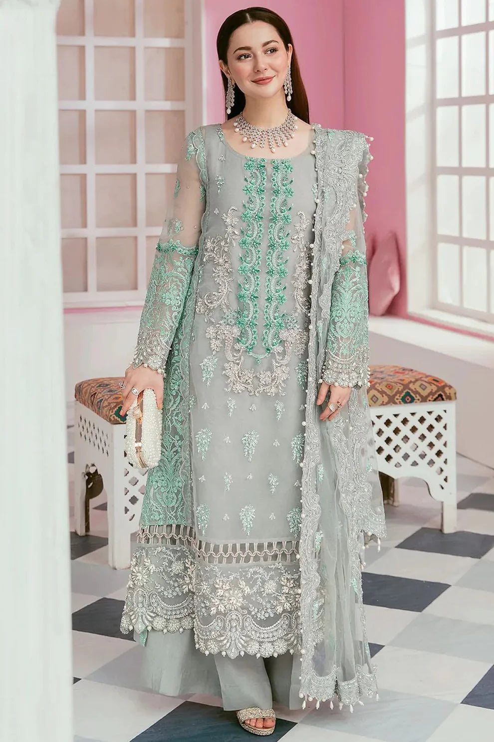 ELAF-ORGANZA PANEL EMBROIDERED ORGANZA DAMAN WITH PEARL WITH ORGANZA EMBROIDERED READY TO WEAR DUPATTA WITH TROUSER -ADR- 3424