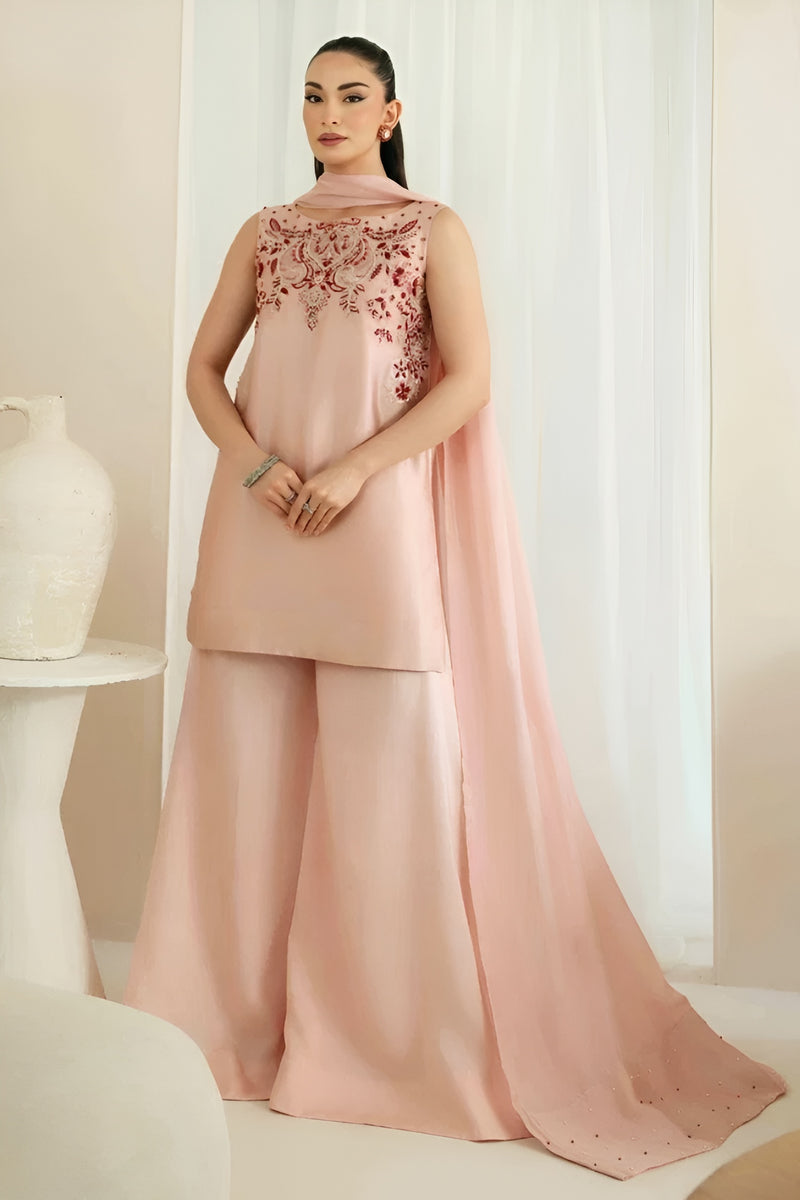 KAIDA-3PC-RAW SILK HAND EMBELLISHED SHIRT EMBROIDRED SOFT SILKDUPATTA AND RAW SILK EMBROIDERED TROUSER-ADR-5165