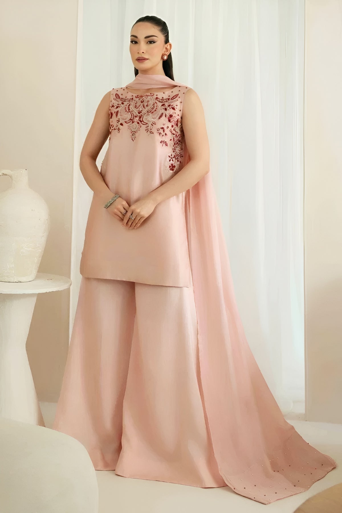 KAIDA-3PC-RAW SILK HAND EMBELLISHED SHIRT EMBROIDRED SOFT SILKDUPATTA AND RAW SILK EMBROIDERED TROUSER-ADR-5165