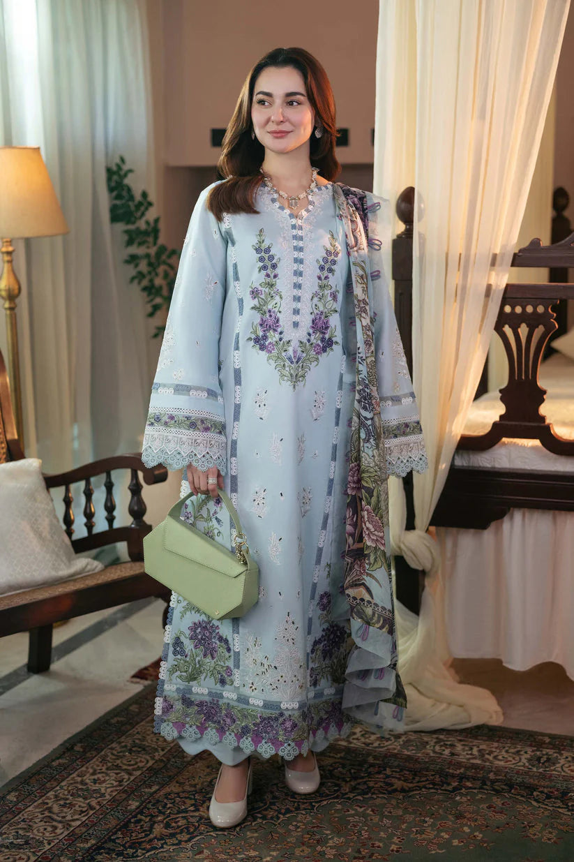 QALAMQAR-3PC LAWN EMBROIDERED SHIRT WITH MONARK PRINT DUAPATTA AND TROUSER-ADR-3724