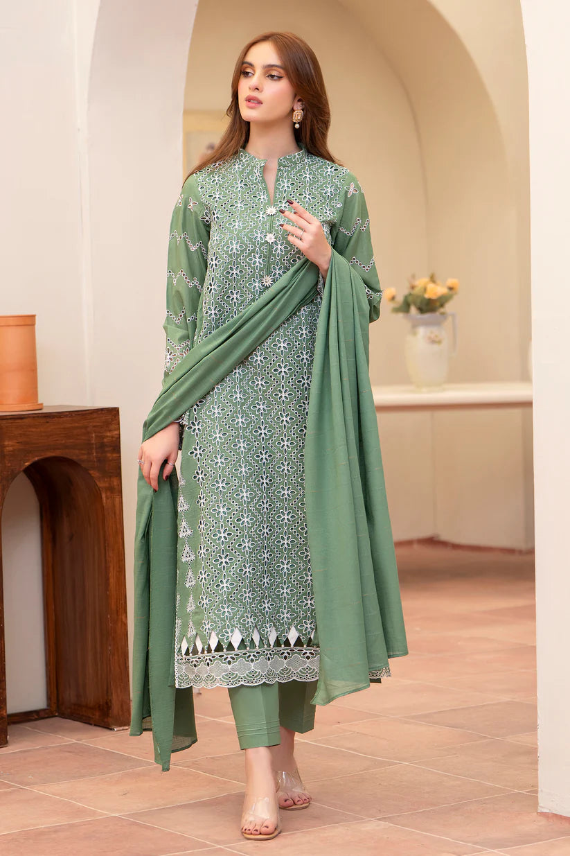 MIRAKHI-3PC LAWN CHIKENKARI EMBROIDERED SHIRT WITH LAWN TUBE SLUB DUPATTA-ADR