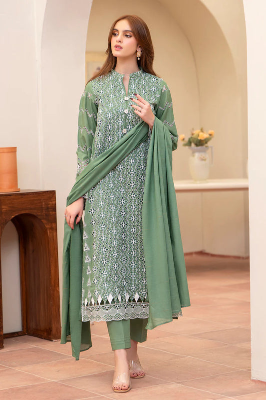 MIRAKHI-3PC LAWN CHIKENKARI EMBROIDERED SHIRT WITH LAWN TUBE SLUB DUPATTA-ADR