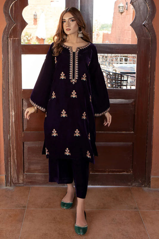 URGE - 2PC VELVET HEAVT EMBROIDERED SHIRT WITH VELEVT EMBROIDERED SLEEVES & VELVET TROUSER-ADR-D22 MICROO 9000