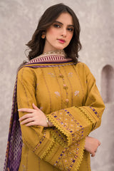 JAZMIN-3PC DHANAK EMBROIDERED SHIRT WITH COUTRAI WOOL PRINTED SHAWL & TROUSER-ADR-4028
