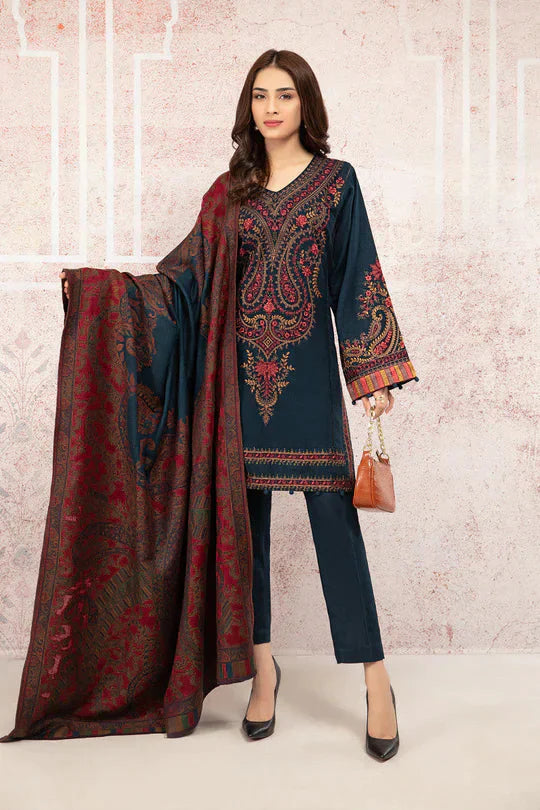 MARIA B-3PC DHANAK EMBROIDRED SHIRT WITH WOOL PRINT SHAWL AND TROUSER-ADR-3268