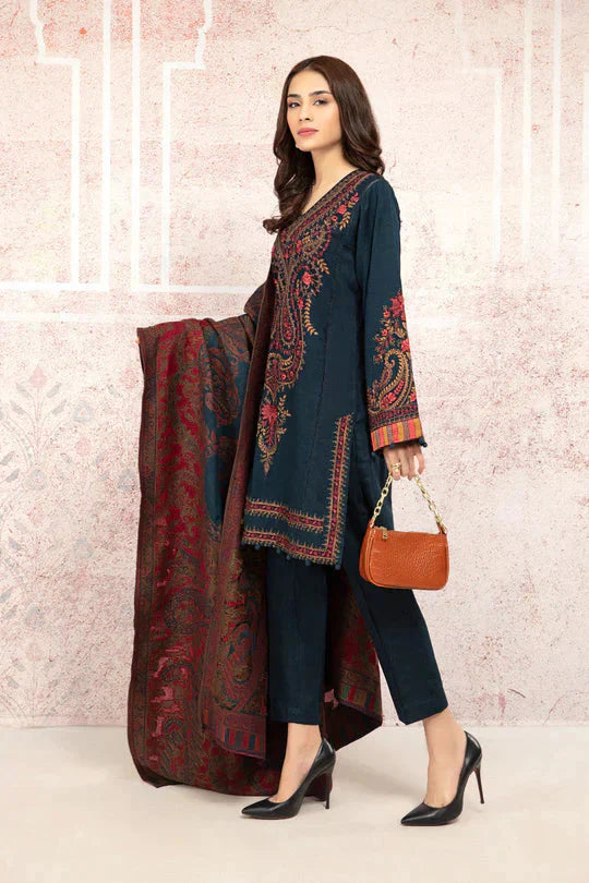 MARIA B-3PC DHANAK EMBROIDRED SHIRT WITH WOOL PRINT SHAWL AND TROUSER-ADR-3268