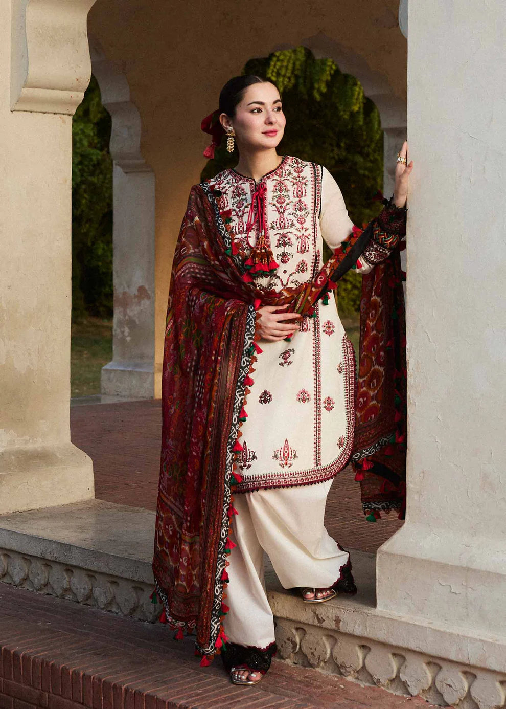 HUSSAIN REHAR- 3PC DHANAK EMBROIDERED SHIRT WITH COUTURE PRINT SHAWL AND TROUSER-BIC- 3160