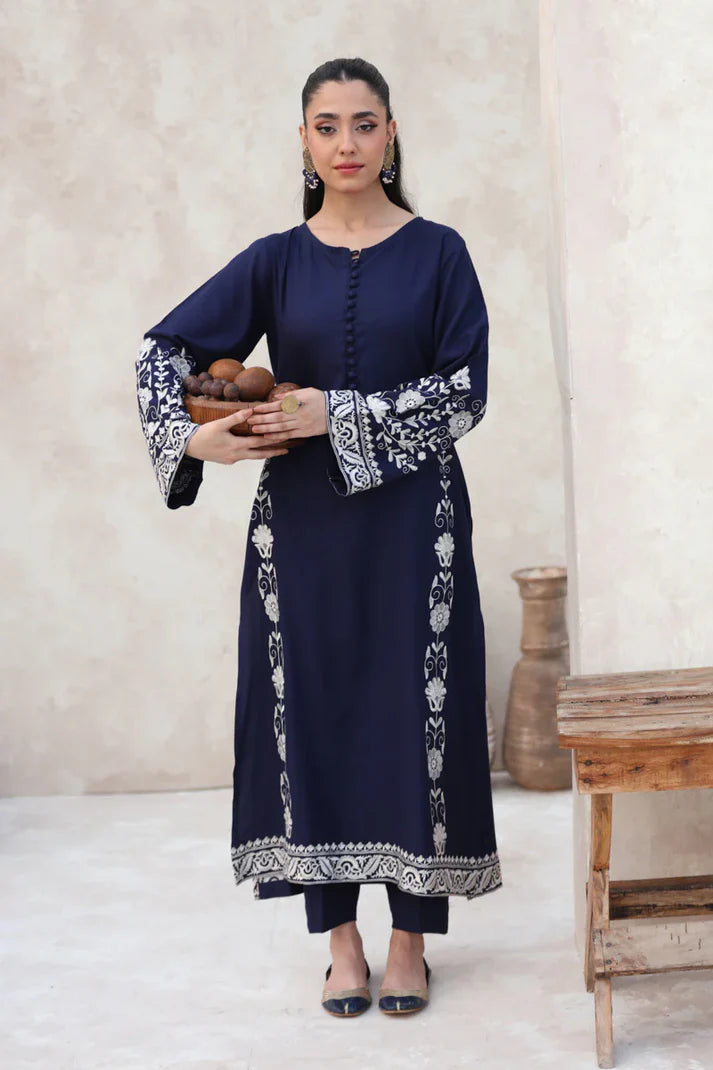 FEROZAE-2PC DHANAK EBROIDERED SHIRT WITH DHANAK EMBROIDERED SLEEVES-ADR-3390