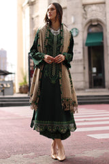 CHARIZMA-3PC DHANAK EMBROIDERED SHIRT WITH COUTRAI PRINTED SHAWL AND EMB TROUSER-ADR-5321