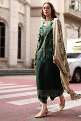 CHARIZMA-3PC DHANAK EMBROIDERED SHIRT WITH COUTRAI PRINTED SHAWL AND EMB TROUSER-ADR-5321