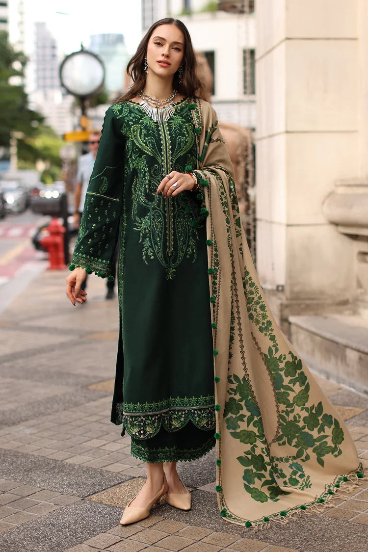 CHARIZMA-3PC DHANAK EMBROIDERED SHIRT WITH COUTRAI PRINTED SHAWL AND EMB TROUSER-ADR-5321