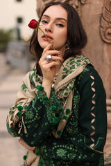 CHARIZMA-3PC DHANAK EMBROIDERED SHIRT WITH COUTRAI PRINTED SHAWL AND EMB TROUSER-ADR-5321
