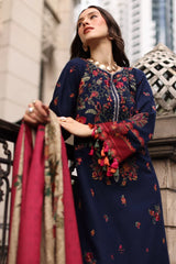 CHARIZMA-3PC DHANAK EMBROIDERED SHIRT WITH COUTRAI PRINTED SHAWL AND EMB TROUSER-ADR-5318