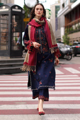 CHARIZMA-3PC DHANAK EMBROIDERED SHIRT WITH COUTRAI PRINTED SHAWL AND EMB TROUSER-ADR-5318