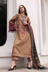 CHARIZMA-3PC DHANAK EMBROIDERED SHIRT WITH COUTRAI PRINTED SHAWL AND EMB TROUSER-ADR-5319