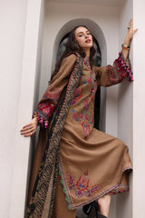 CHARIZMA-3PC DHANAK EMBROIDERED SHIRT WITH COUTRAI PRINTED SHAWL AND EMB TROUSER-ADR-5319