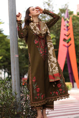 CHARIZMA-3PC DHANAK EMBROIDERED SHIRT WITH COUTRAI PRINTED SHAWL AND EMB TROUSER-ADR-5320
