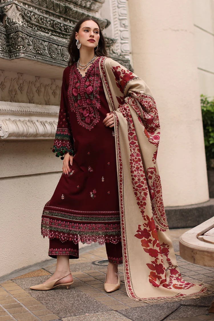 CHARIZMA-3PC DHANAK EMBROIDERED SHIRT WITH COUTRAI PRINTED SHAWL AND EMB TROUSER-ADR-5317