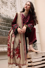 CHARIZMA-3PC DHANAK EMBROIDERED SHIRT WITH COUTRAI PRINTED SHAWL AND EMB TROUSER-ADR-5317