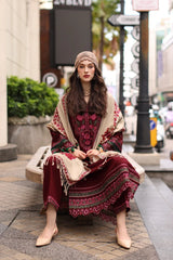 CHARIZMA-3PC DHANAK EMBROIDERED SHIRT WITH COUTRAI PRINTED SHAWL AND EMB TROUSER-ADR-5317