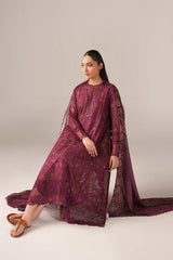 IZNIK-3PC LAWN PRINTED CHIKAN EMB FROCK WITH SILK PRINTED DUPATTA AND TROUSER-ADR-011