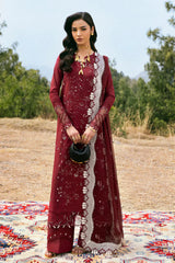 QALAMQAR-3PC LAWN EMBROIDERED SHIRT WITH KHAADI NET EMBROIDERED DUPATTA AND EMB TROUSER-ADR-4695