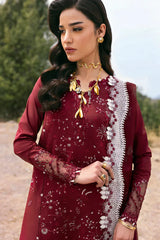 QALAMQAR-3PC LAWN EMBROIDERED SHIRT WITH KHAADI NET EMBROIDERED DUPATTA AND EMB TROUSER-ADR-4695