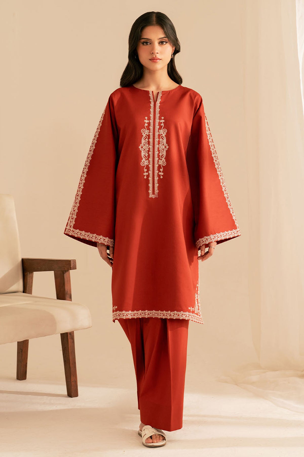 BATIK-2PC DHANAK EMBROIDRED SHIRT WITH DHANAK EMBROIDRED SLEEVES-ADR-121