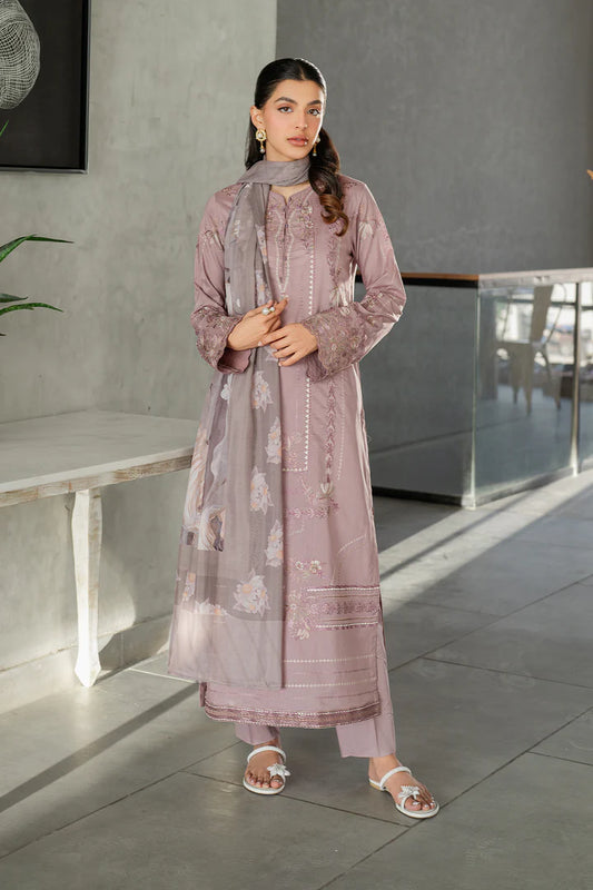 IZNIK-3PC DHANAK EMBROIDERED SHIRT WITH COUTRAI PRINTED SHAWL AND TROUSER-ADR-4114
