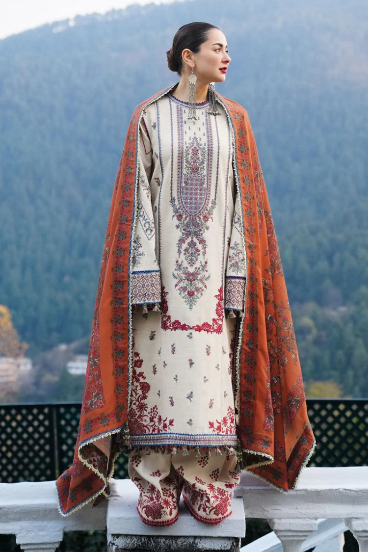 HUSSAIN REHAR-3PC DHANAK EMBROIDERED SHIRT WITH COURTRAI PRINTED SHAWL AND TROUSER-ADR-4260
