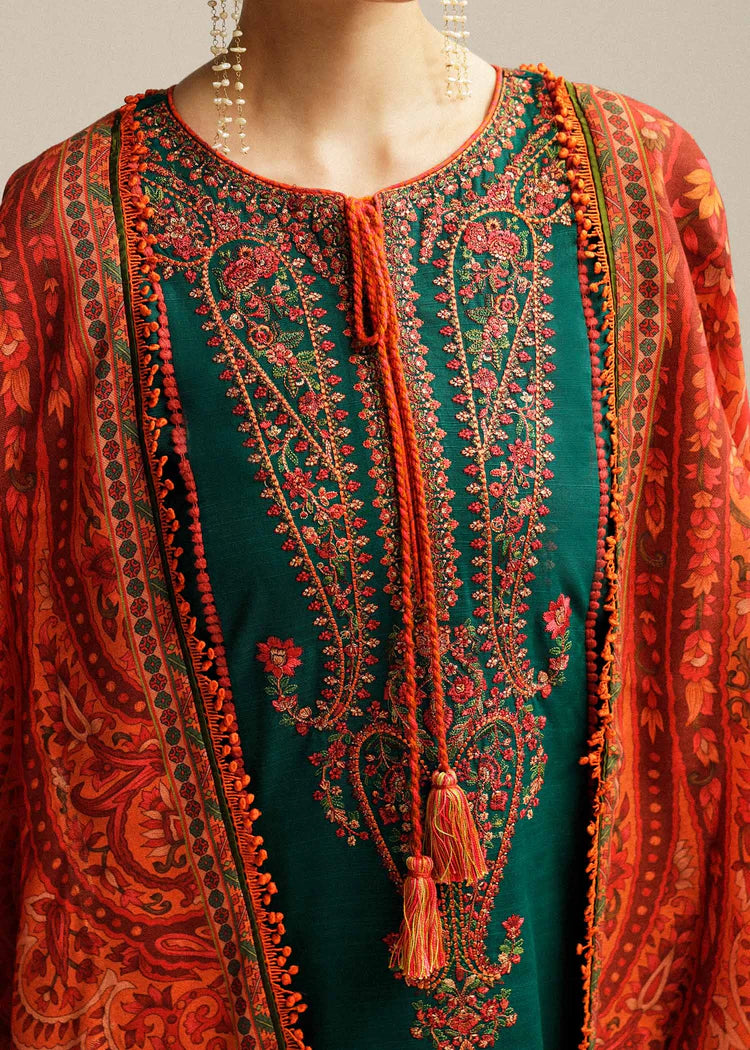 HUSSAIN REHAR-3PC DHANAK EMBROIDERED SHIRT WITH COURTRAI PRINTED SHAWL AND TROUSER-ADR-