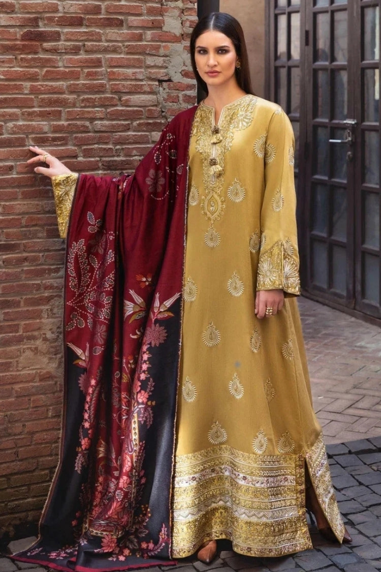 HUSSAIN REHAR-3PC KARANDI EMBROIDERED SHIRT WITH WOOL DIGITAL PRINT SHAWL AND TROUSER-ADR-5157