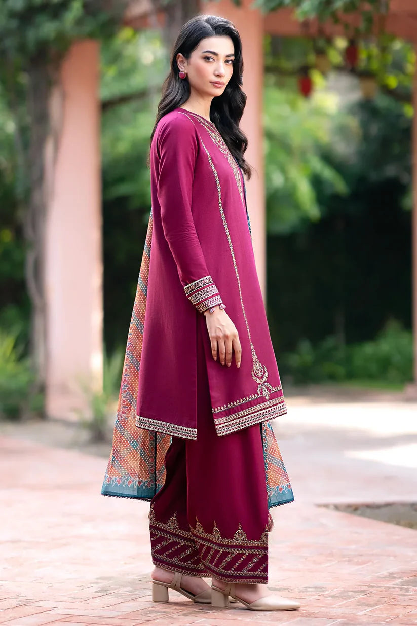 JAZMIN - 3PC DHANAK EMBROIDERED SHIRT WITH WOOL PRINTED SHAWL & TROUSER -ADR-3396