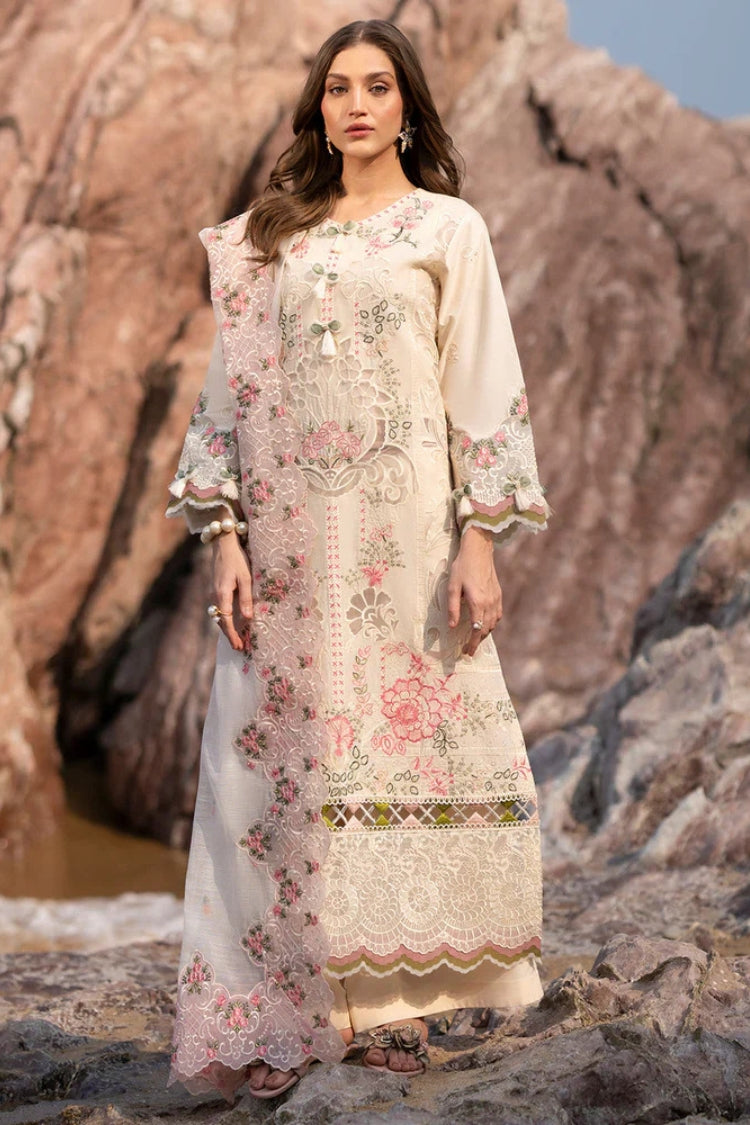 MAHNUR-3PC LAWN LASERCUTWORK EMBROIDERED SHIRT WITH KHAADI NET EMBROIDERED DUPATTA AND TROUSER-ADR-4721