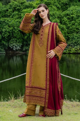 MUSHQ-3PC DHANAK EMBROIDERED SHIRT WITH DHANAK EMB SHAWL & TROUSER-ADR-5224