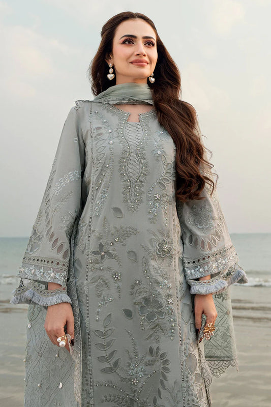 NUREH-3PC DHANAK LASER WORK EMBROIDERED SHIRT WITH CHIFFON EMBROIDERED DUPATTA & TROUSER-ADR-4214