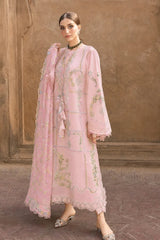 CRIMSON-3PC DHANAK EMBROIDERED SHIRT WITH COURTRAI WOOL PRINTED EMB SHAWL AND TROUSER-ADR-5190