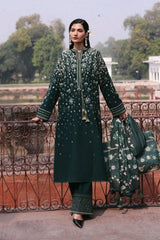 HUSSAIN REHAR-3PC DHANAK EMBROIDERED SHIRT WITH COUTRAI PRINTED SHAWL AND EMB TROUSER-ADR-5273